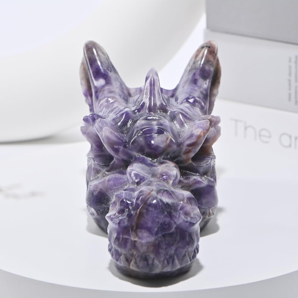 Bmuafry 6''Natural Dragon Head Crystal Skull Head Hand Carved Reiki Healing Stone Statue Healing Home Office Art Room Decoration (Dreamy Amethyst, 6inch)