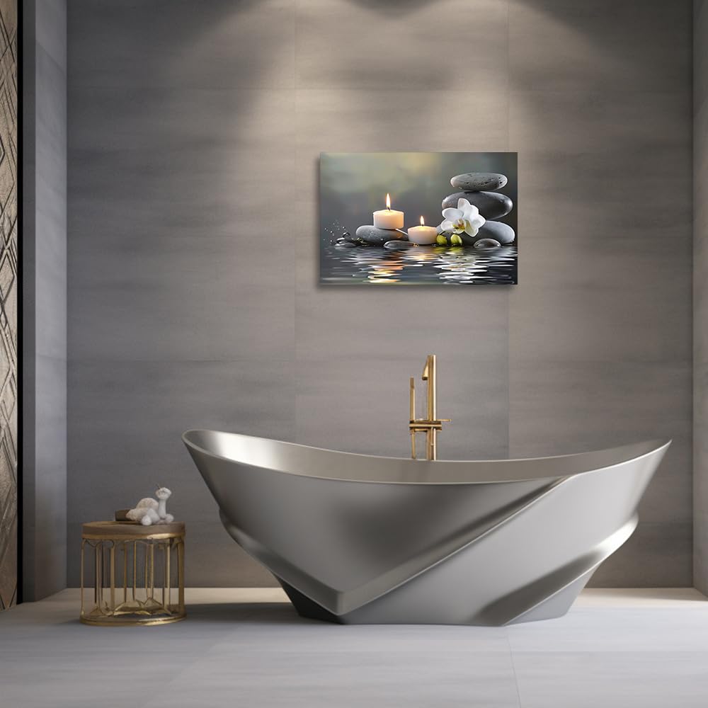 CGXLB Zen Stone Wall Art Candles & Orchid Painting Serene Water Decor for Spa Bathroom Bedroom Meditation Room 24"x36"