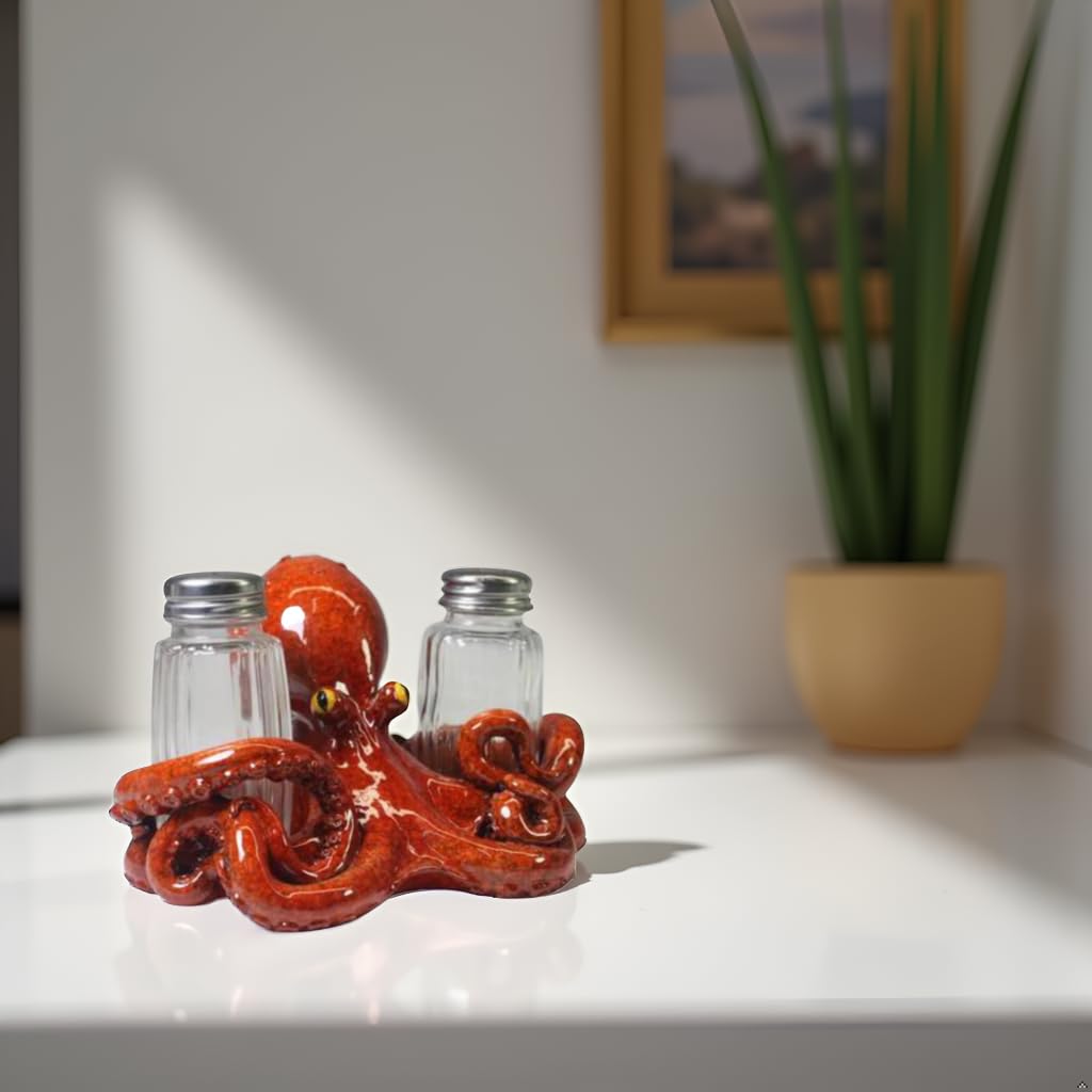 Comfy Hour 5" Octopus Salt and Pepper Shaker Duo, Decorative Coastal Ocean Figurine Holder for Kitchen Tabletop, Artisan Crafted Resin Animal Accent, Includes 2-Count Glass Bottles, Brown