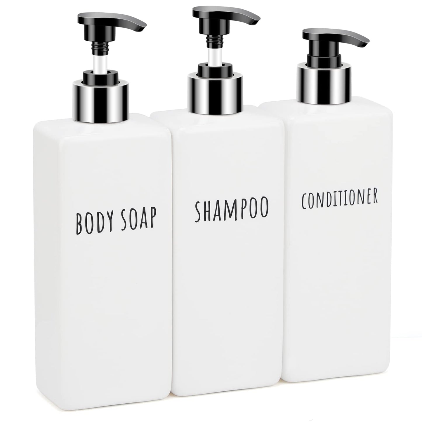 Segbeauty Square Soap Dispenser Refillable, 3pcs 16.9oz Plastic Pump Bottles, 500ml Empty Reusable Modern Bathroom Kitchen Liquid Container Set for Dispensing Shampoo Conditioner Body Soap White