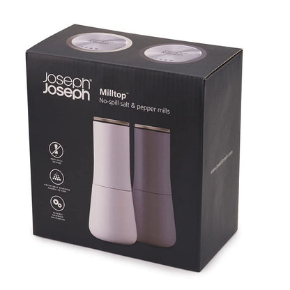 Joseph Joseph Milltop Non-Spill Salt and Pepper Mill Set Refillable with Ceramic Grinding, White/Grey, 24