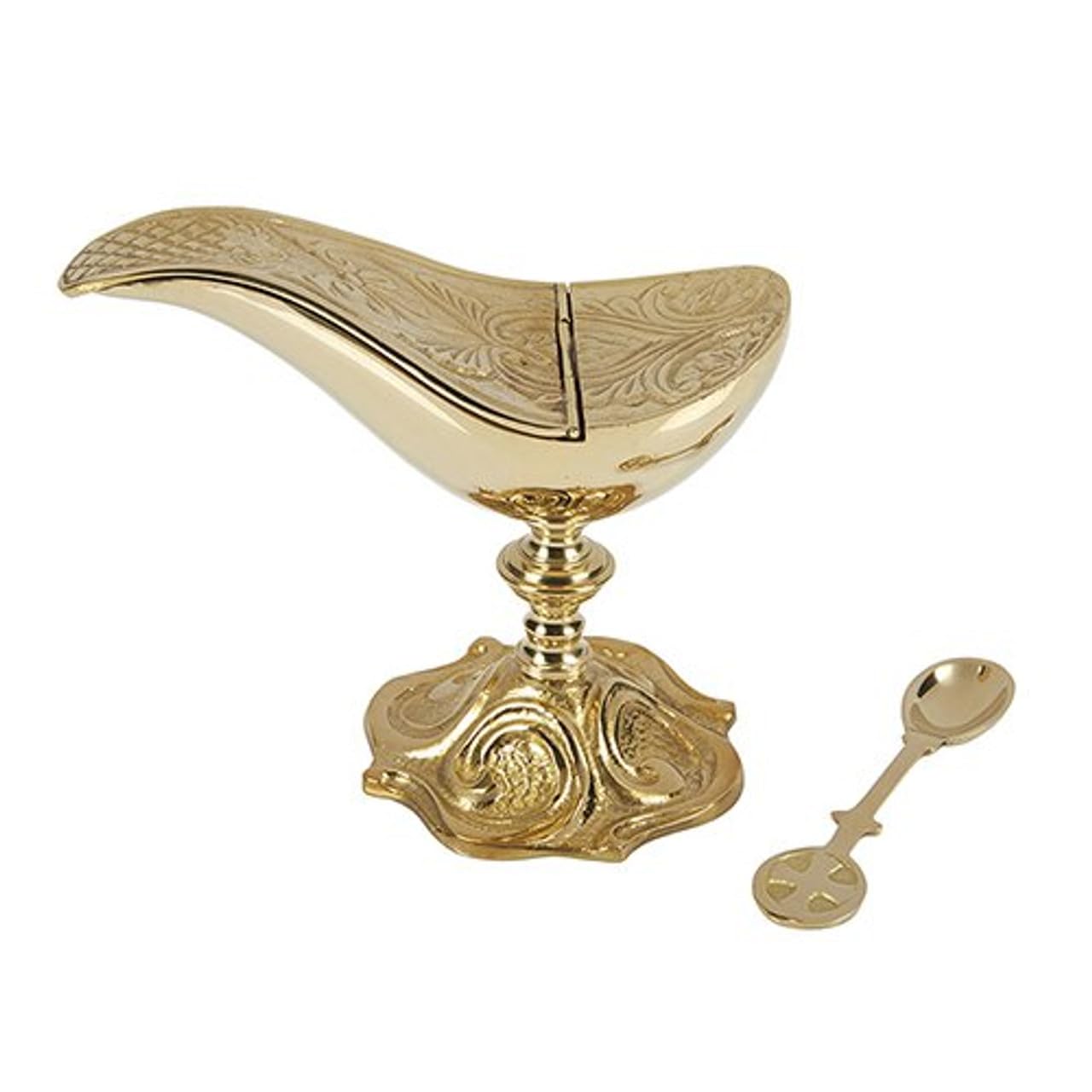 Catholic Brass Boat Incense Holder with Spoon, 5 Inch