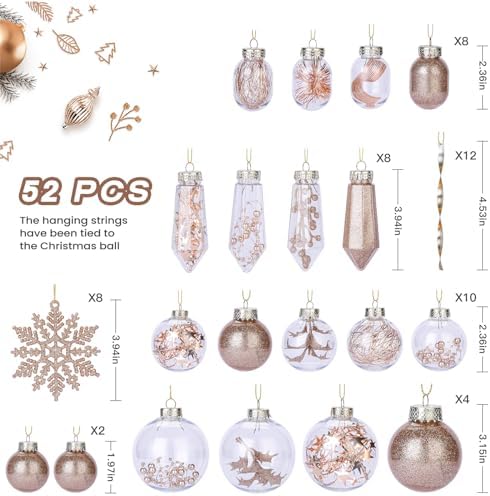 SHareconn 52pcs Christmas Balls Ornaments Set, Shatterproof Plastic Clear Decorative Baubles for Xmas Tree Decor Holiday Wedding Party Decoration with Hooks Included, Champagne