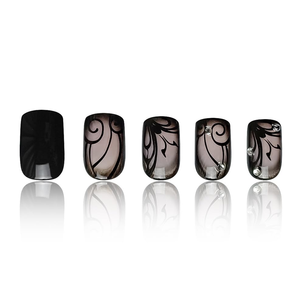 OHWODA Black Press on Nails Short Square Fake Nails Black Vine Acrylic Glue on Nails Full Cover Glossy Nails Press ons Short Stick on Nails Summer Artificial Nails for Women Girls - 24Pcs