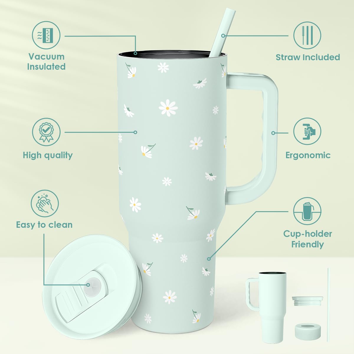 Daisy 40oz Tumbler with Handle and Straw – Flower Insulated Stainless Steel Travel Coffee Mug for Women Girls - Gift Idea for Birthday Christmas Mothers Day