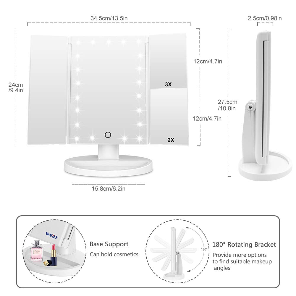 WEILY Makeup Mirror, 1x /2x/3x Trifold Makeup Mirror with 21 LED Lights and Adjustable Touch Screen Mirrors Cosmetic Countertop Mirrors (White)