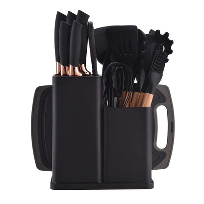 Kitchen Utensils Set & Knife Set with Block, 19 Piece All-in-One Cooking Set, 12 Nonstick Silicone Utensils + 5 Sharp Stainless Steel Chef Knives + Cutting Board, Dishwasher Safe Gift Set (Black)