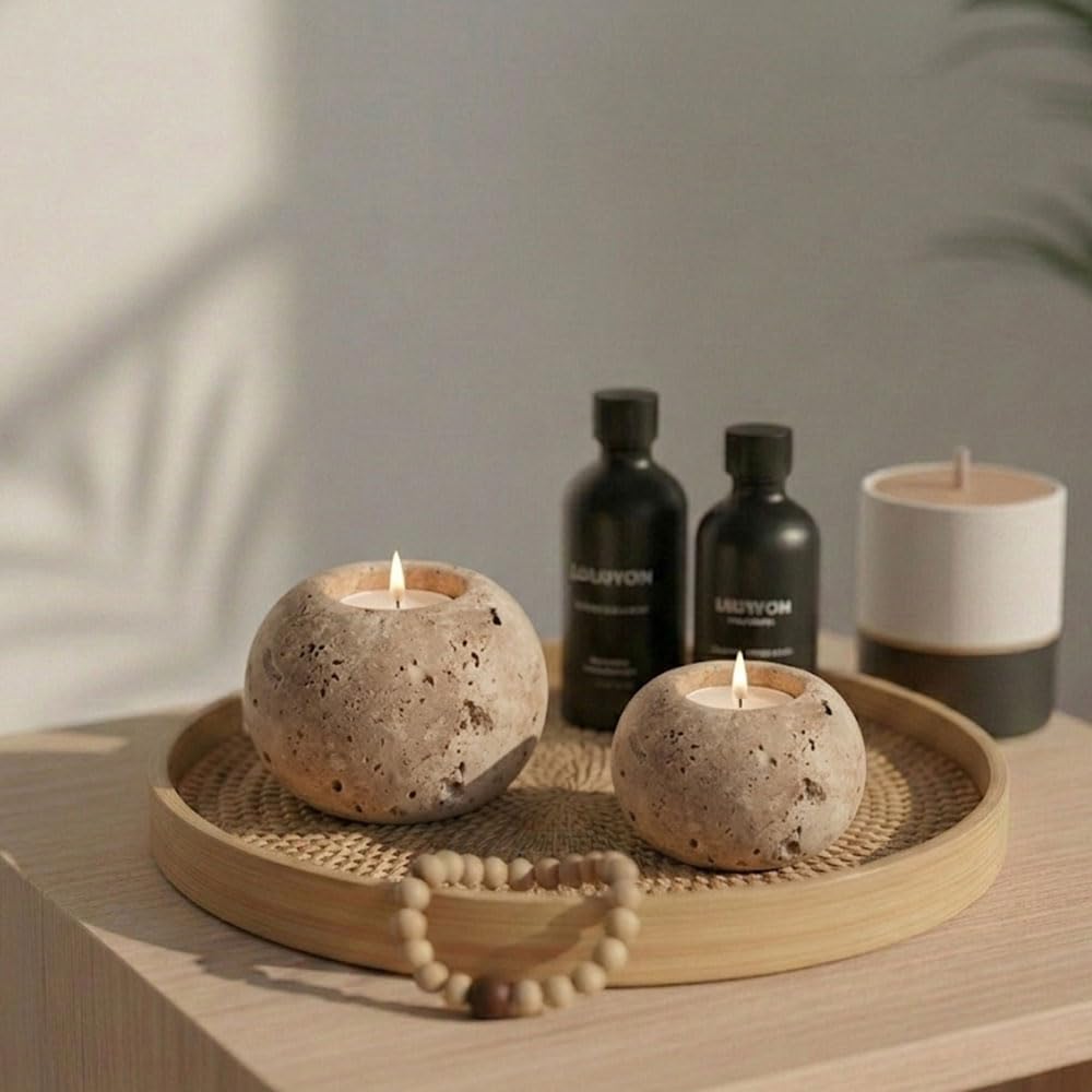 Radicaln Marble Tealight Candle Holder 4" Inch Travertine Handmade Decorative Votive Candle Holder for Home Decor, Elegant Set of 3 Mini Candle Holders & Marble Taper Holder for Housewarming
