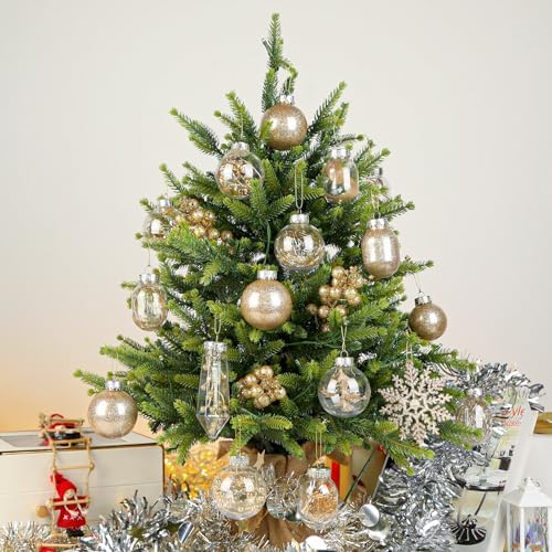 SHareconn 52pcs Christmas Balls Ornaments Set, Shatterproof Plastic Clear Decorative Baubles for Xmas Tree Decor Holiday Wedding Party Decoration with Hooks Included, Champagne