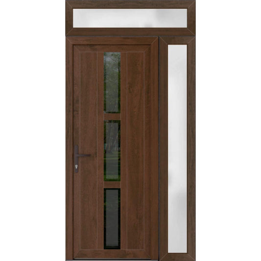 VDOMDOORS Front Exterior Prehung Metal-Plastic Door Frosted Glass | Manux 8112 Walnut | Side, Top Sidelite Transom | Residential Doors Entrance Patio Garage 50 x 94 (W36+14 x H80+14) Right-Inswing