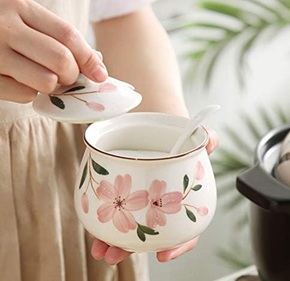 Ceramic Sugar Bowl, Flower Pattern Seasoning Jar with Lid Spoon, Sugar Pot