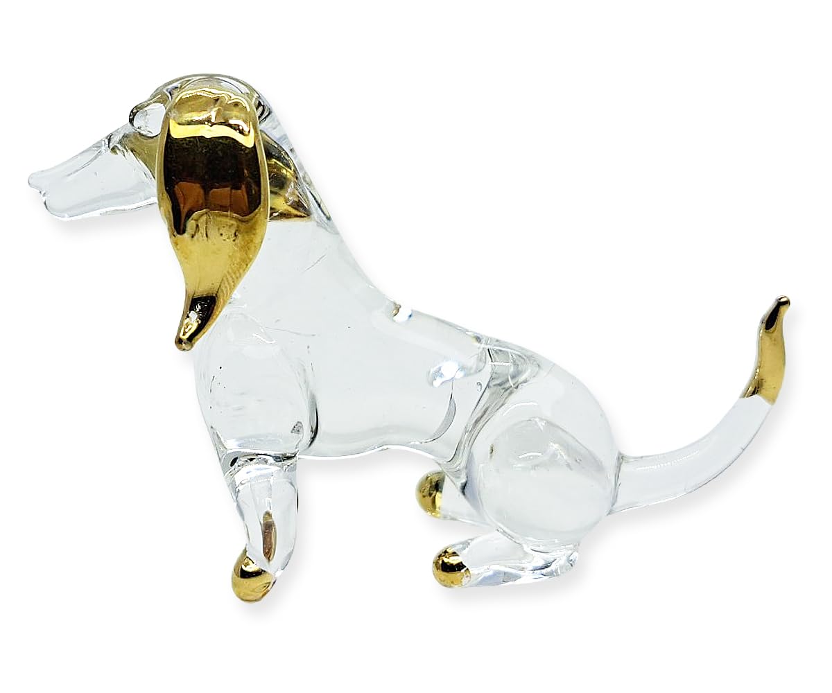 WitnyStore Tiny 2¼" Long Clear Gold Sitting Dachshund Figurine - Miniature Hand Blown Painted Glass Dogs Puppy Hound Canine Domestic Pet Animals Crystal Decorative Collectibles Figurines Décor Gifts