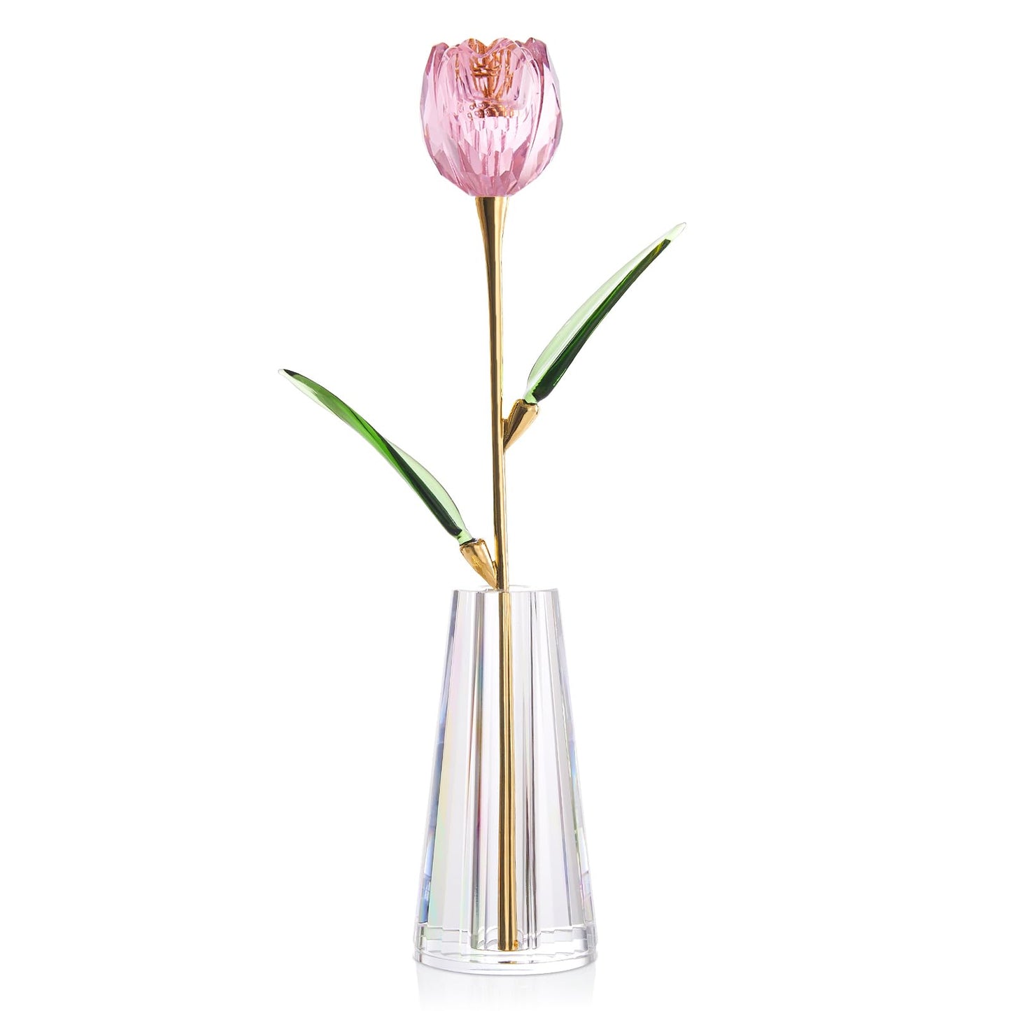 RONG KRISTO Crystal Tulip Collectible Figurines Glass Flower with Vase Artificial Flowers Home Decor Gift for Women Mom（Pink）