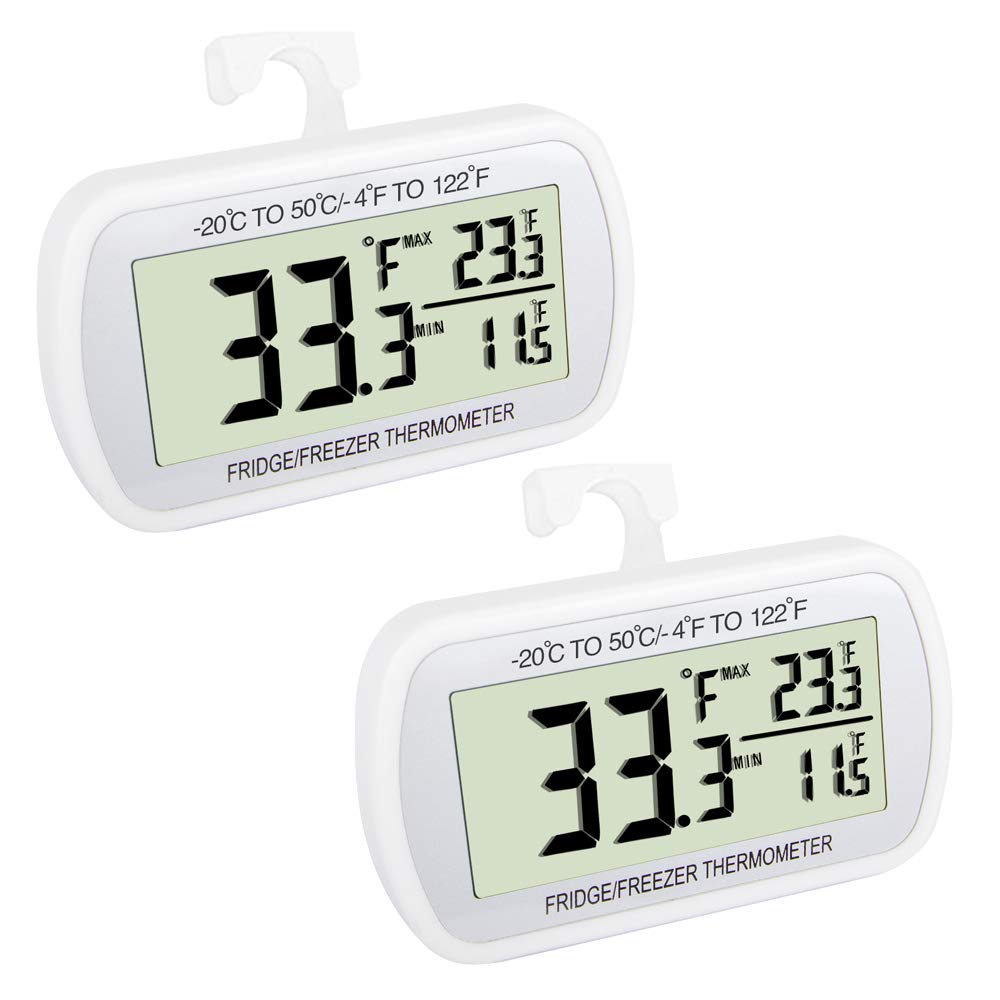 Waterproof Refrigerator Fridge Thermometer, Digital Freezer Room Thermometer, Max/Min Record Function Large LCD Screen and Magnetic Back for Kitchen, Home, Restaurants (2 Pack)