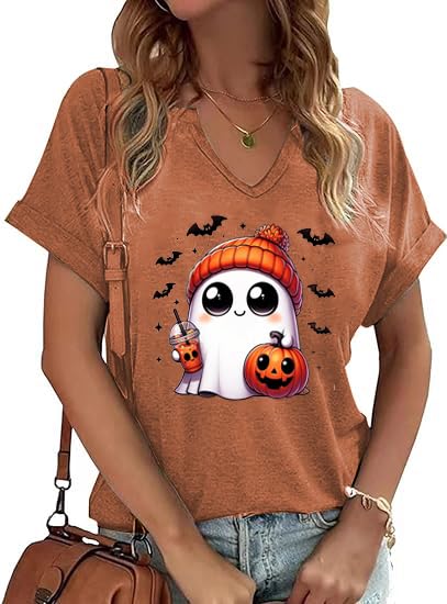 V Neck Fall Shirts for Women Cute Ghost Graphic Shirts Halloween Tops Thanksgiving Tee(THR04BRN,XX-Large)