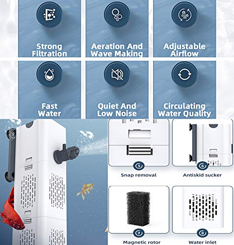 Quiet Fish Tank Filter 4-in-1 Internal Aquarium Filter,500L/H Submersible Water Pump Oxygen Aeration Wave Maker Water Change for Betta, Turtle, Pond Fish, Garden (6W 500L/H)