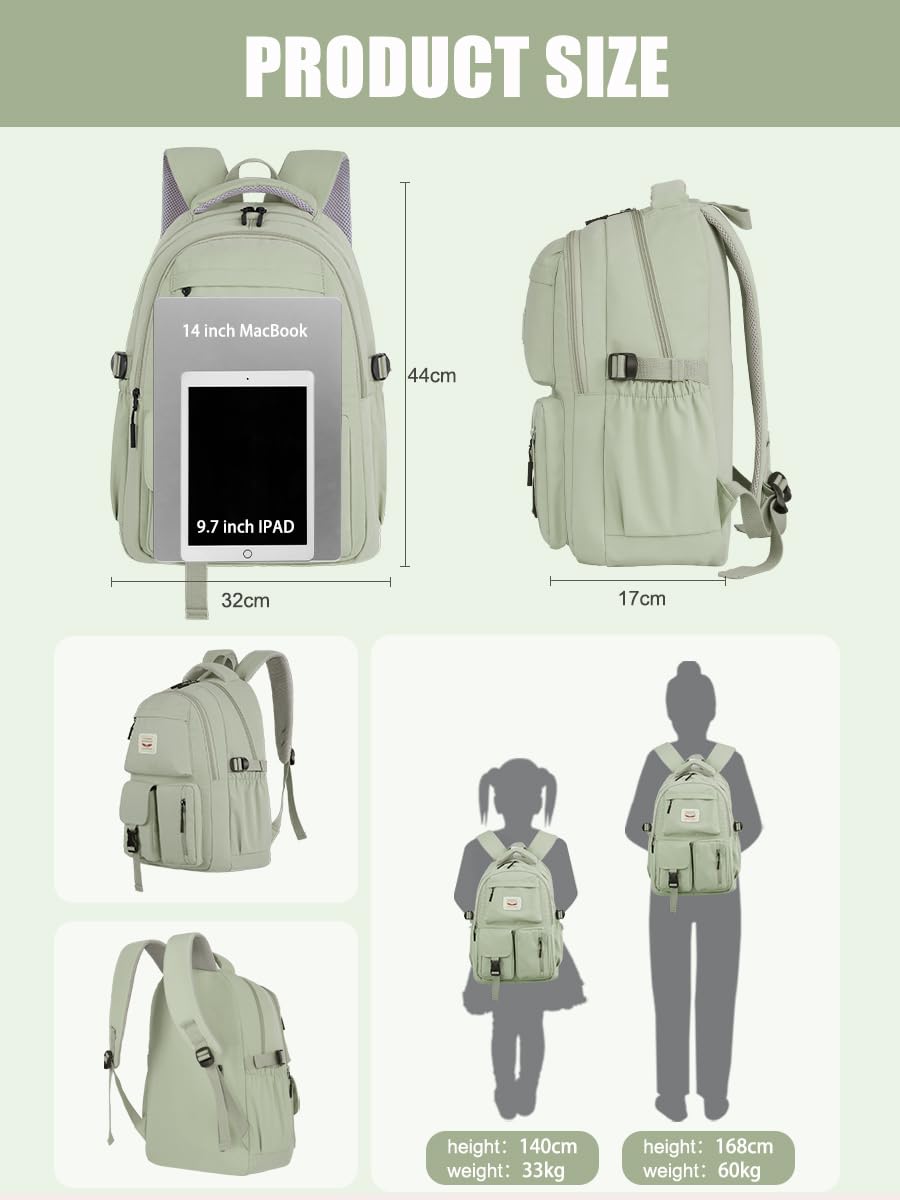 FIORETTO Lightweight School Backpack Womens, Cute School Bag for Teenager Girls, 14 Inch Laptop Rucksack Casual Daypack Backpack for Travel College Work Green