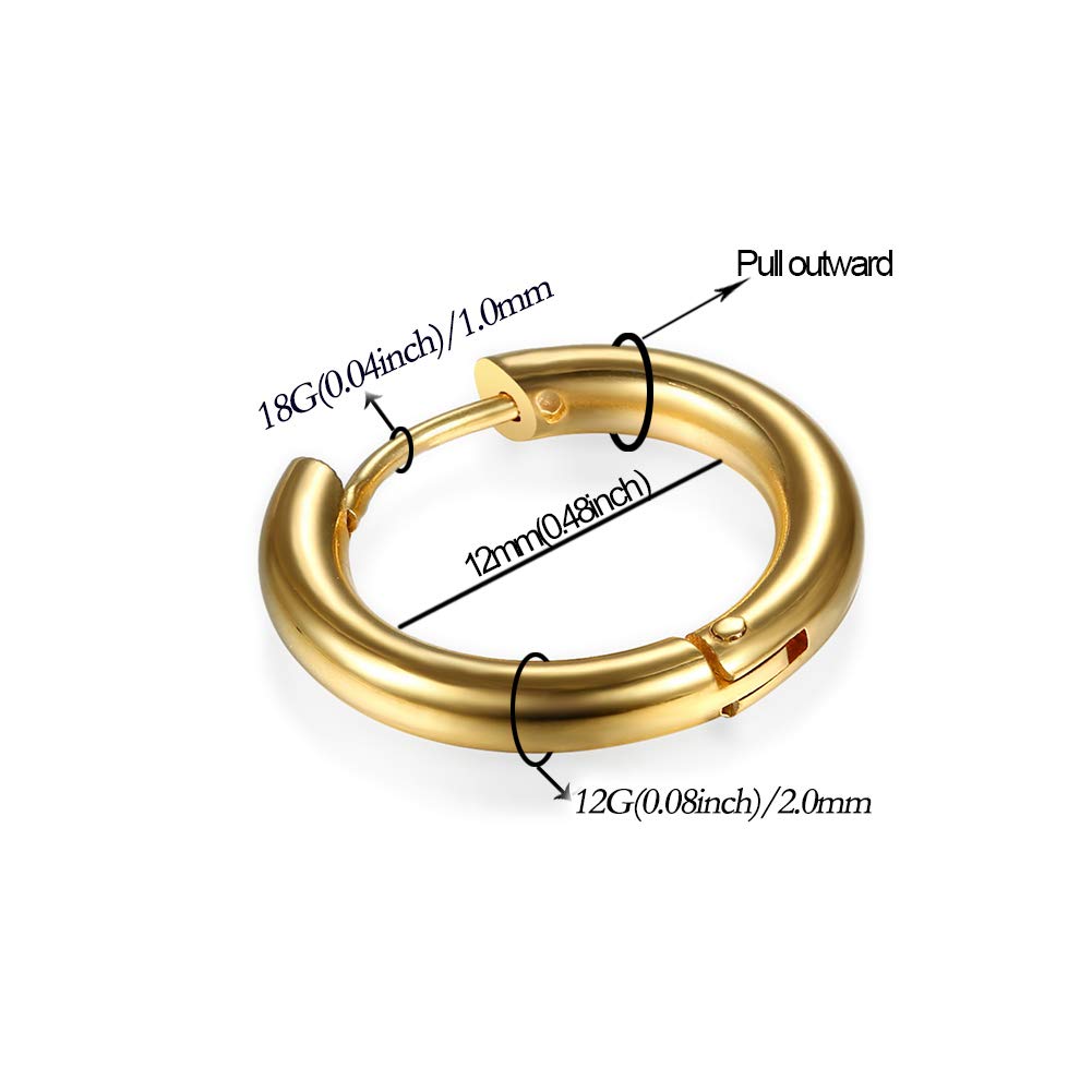 316L Surgical Stainless Steel Huggie Hoop Earrings 12mm Gold Hypoallergenic Earrings Hoop Cartilage Helix Lobes Hinged Sleeper Earrings For Men Women(E01:12mm Gold(THK 2.0mm))