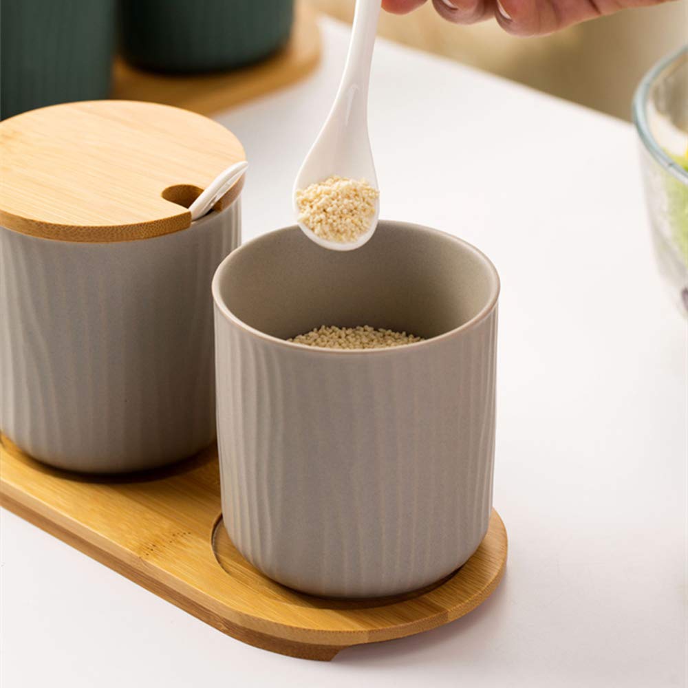 OnePine Set of 2 Ceramic Sugar Bowl 300ml Ceramic Spice Jar Condiment Pots with Bamboo Lid and Ceramic Spoon for Home and Kitchen, Height 3.93 inch,White and Gray