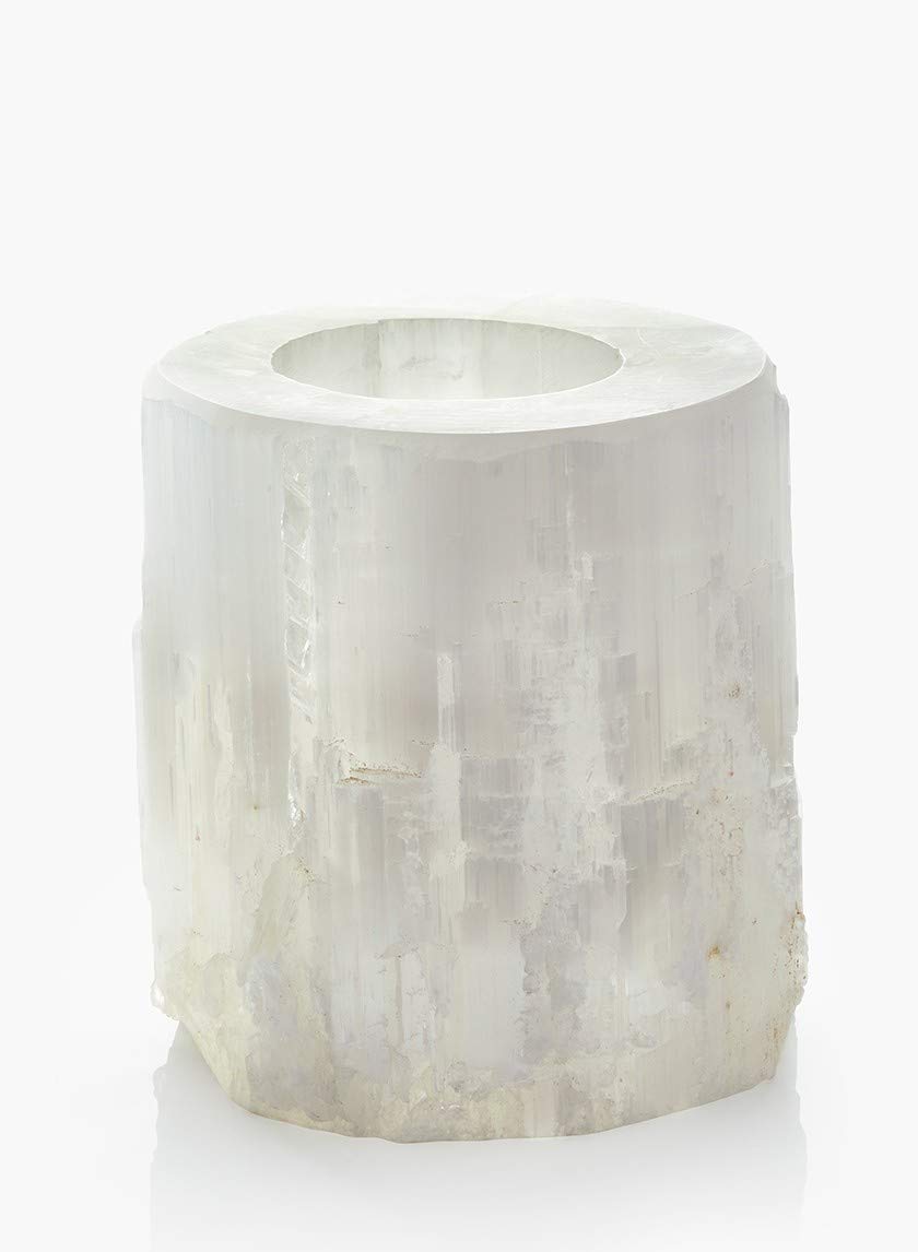 Serene Spaces Living Genuine Selenite Tealight Holder, Selenite Crystal Tower Candle Holder for Healing and Positive Vibes, Votive Measures 4" Tall & 4" Diameter