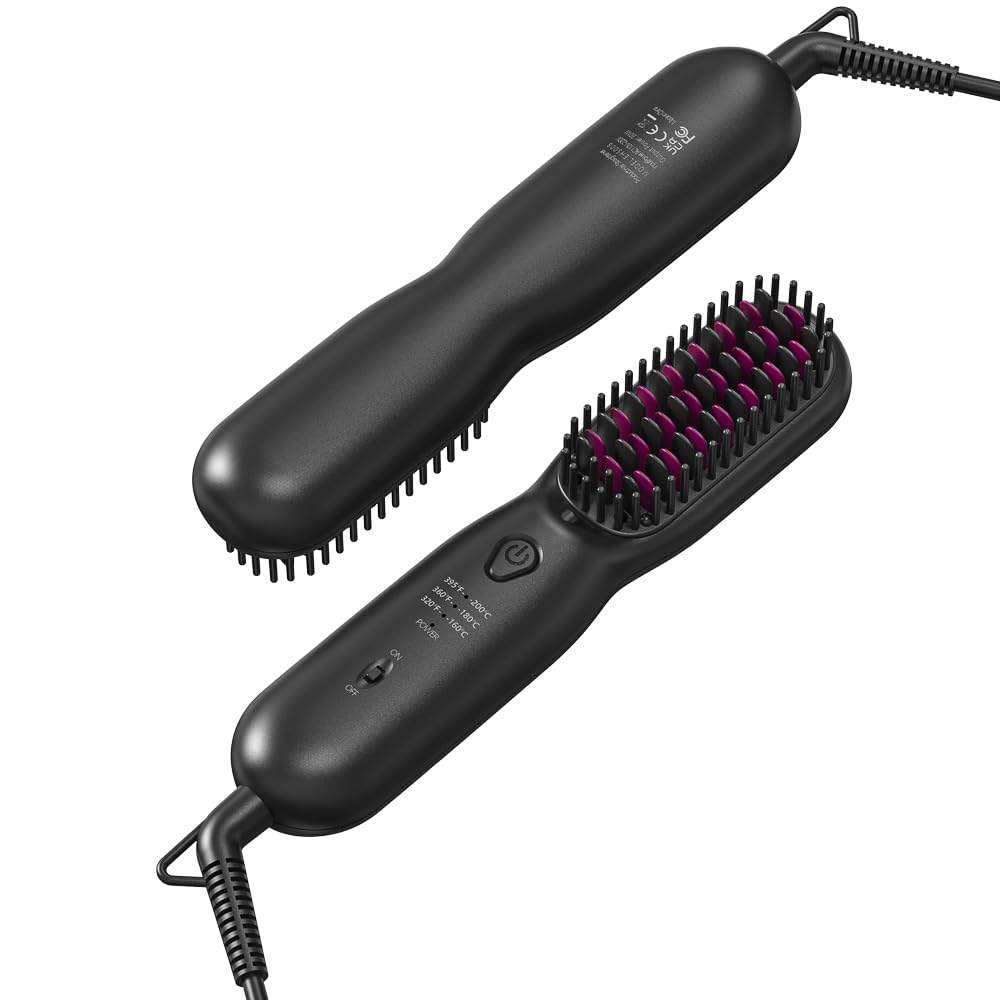 Hair Straightener Brush Dense Bristles Straightening Brush for Women Comb Quick Temperature Adjustment and Auto-Off Hair Accessories for Thick Curly Hair (Black)