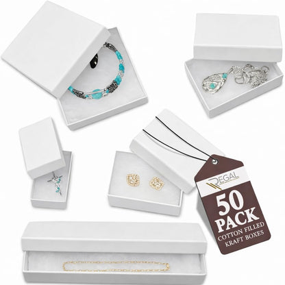 RJ Displays 50 pack Assorted Size White Paper Cardboard Cotton Filled Jewelry Gift Box for Ring, Earring, Charm, Pendant, Necklace, Bracelet, Bangle, Anklet, Belt Buckle, Brooch, and Watch