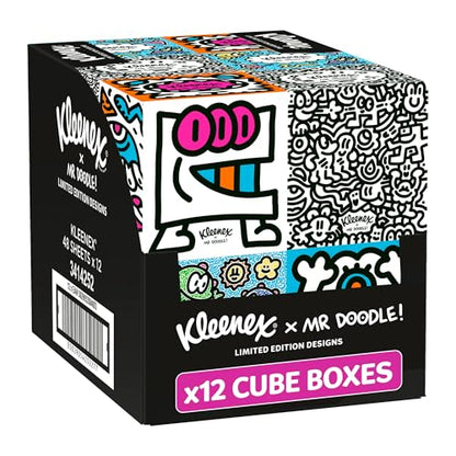 Kleenex x Mr Doodle Limited Edition Design Multipack Facial Tissues - 12 Cube Tissue Boxes, Designed in Collaboration with Mr Doodle, Made to Look Beautiful in The Home.