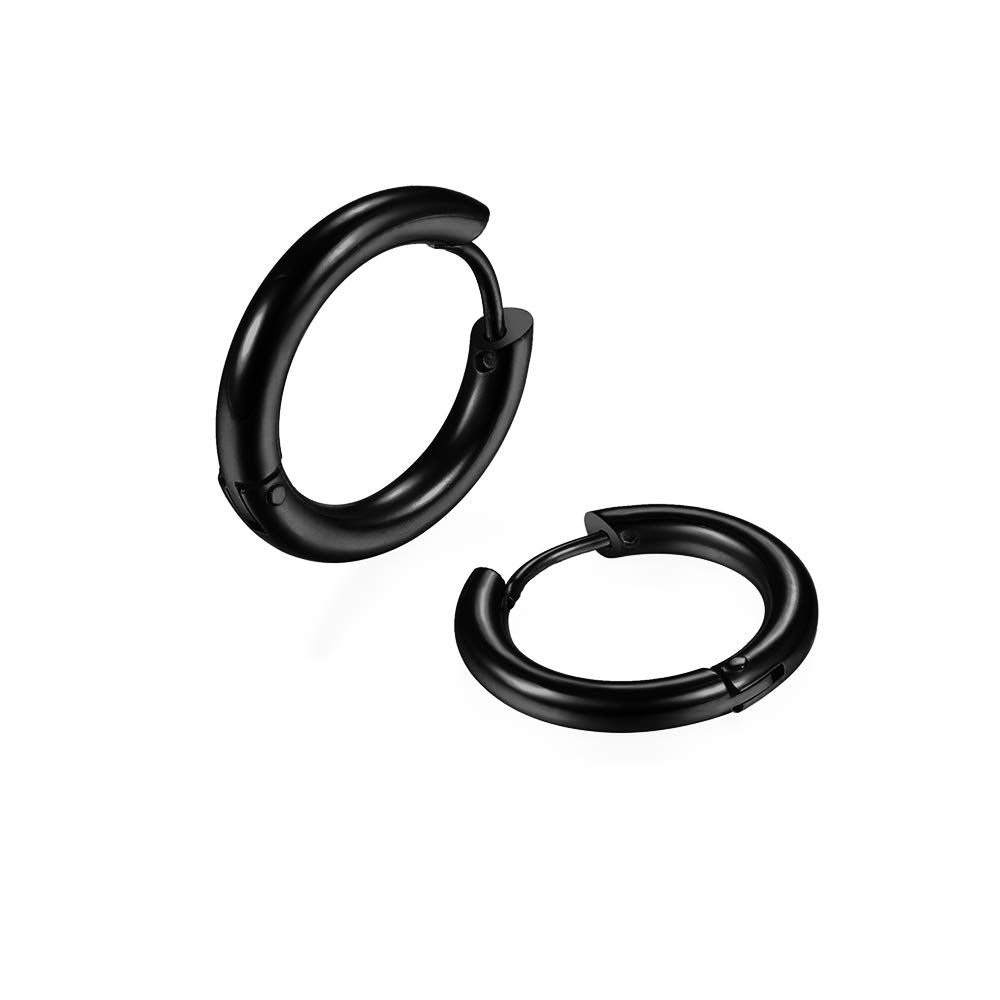 316L Surgical Stainless Steel Huggie Hoop Earrings 14mm Black Hypoallergenic Earrings Hoop Cartilage Helix Lobes Hinged Sleeper Earrings For Men Women(F03:14mm Black(THK 2.0mm))