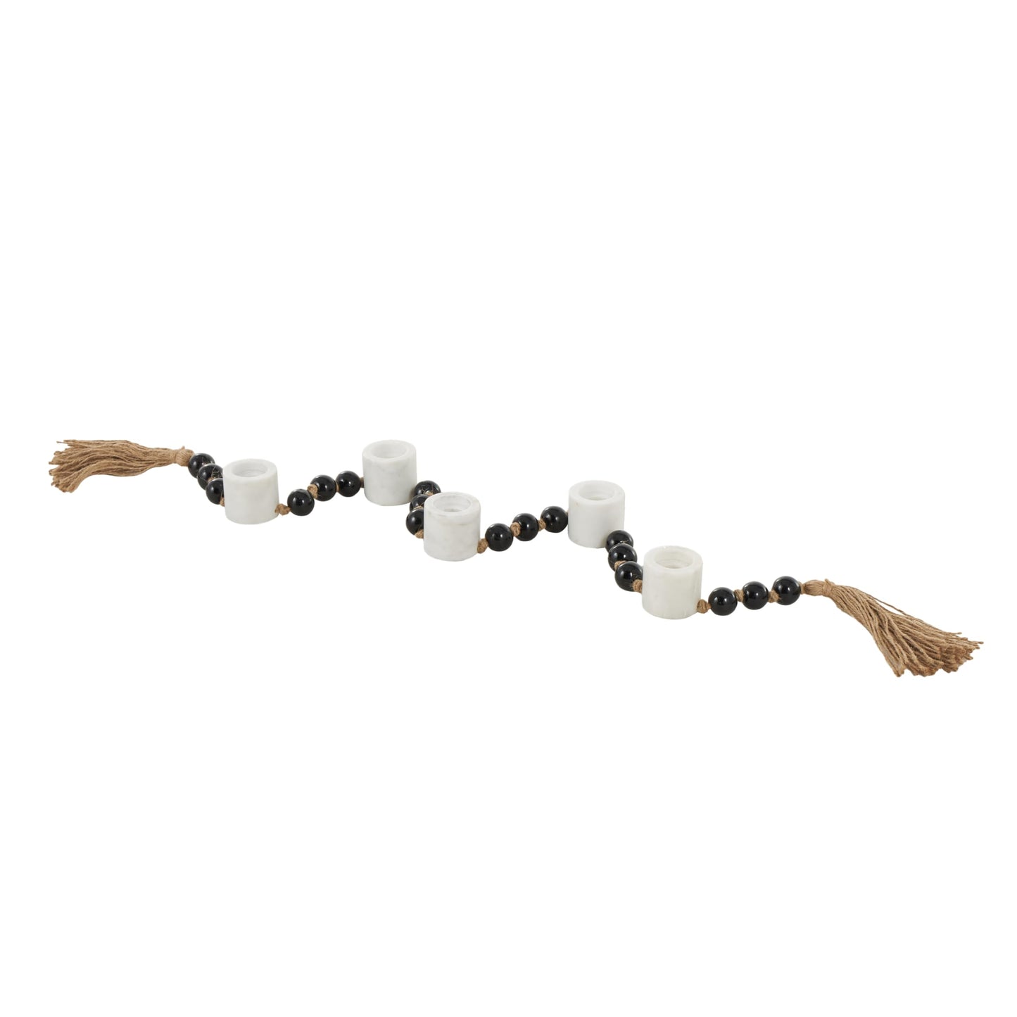 Deco 79 Marble Decorative Candle Holder Garland Candle Stand with Brown Tassel and Black Beads, Candlestick Holder 52" x 2" x 2", White