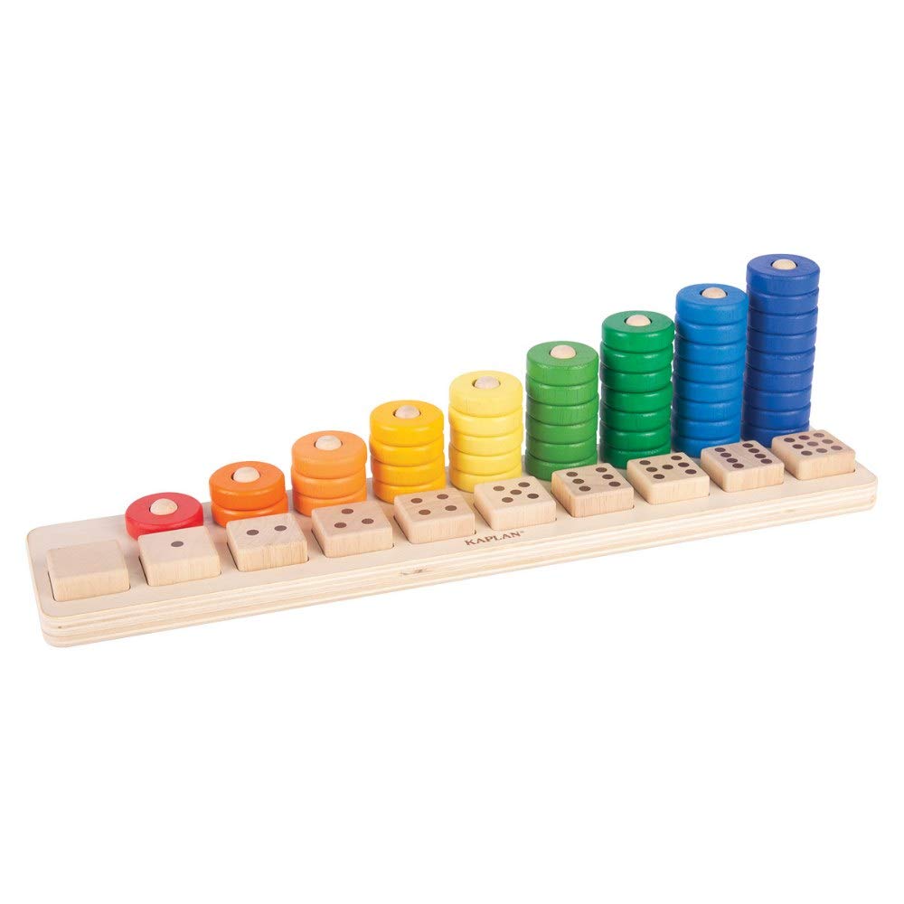 Kaplan Early Learning Natural Wooden Stack and Sort Board with Colorful Counting Discs and Double-Sided Squares with Numbers 1-9