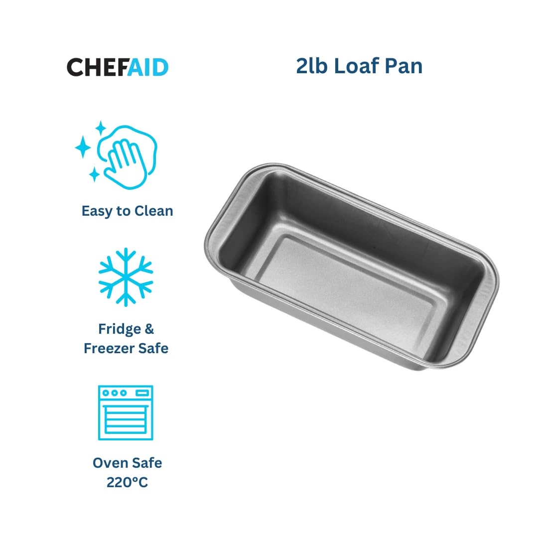 Chef Aid Non-Stick 2lb Loaf Tin, 900g Rectangular Bread pan, 25.3cm x 13cm x 6cm. Ideal for Bread, Loaves, Cakes and Bakes. Handwash, Fridge and Freezer Safe, Grey