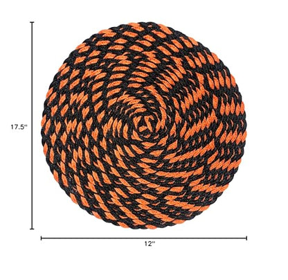 Halloween 15" Round Orange Black Dual-Color Braided Woven Polypropylene Plastic Placemats, Set of 6