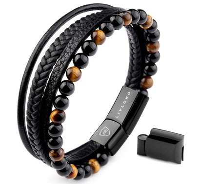 LIVLOKO LONDON Mens Bracelet Leather Black Multi-Layer Tiger Eye Stone Beads Magnetic Adjutable Steel Clasp Viking Rope Bands Surfer Man Wristband Male UK Jewellery Gift box Husband Boyfriend Dad Son