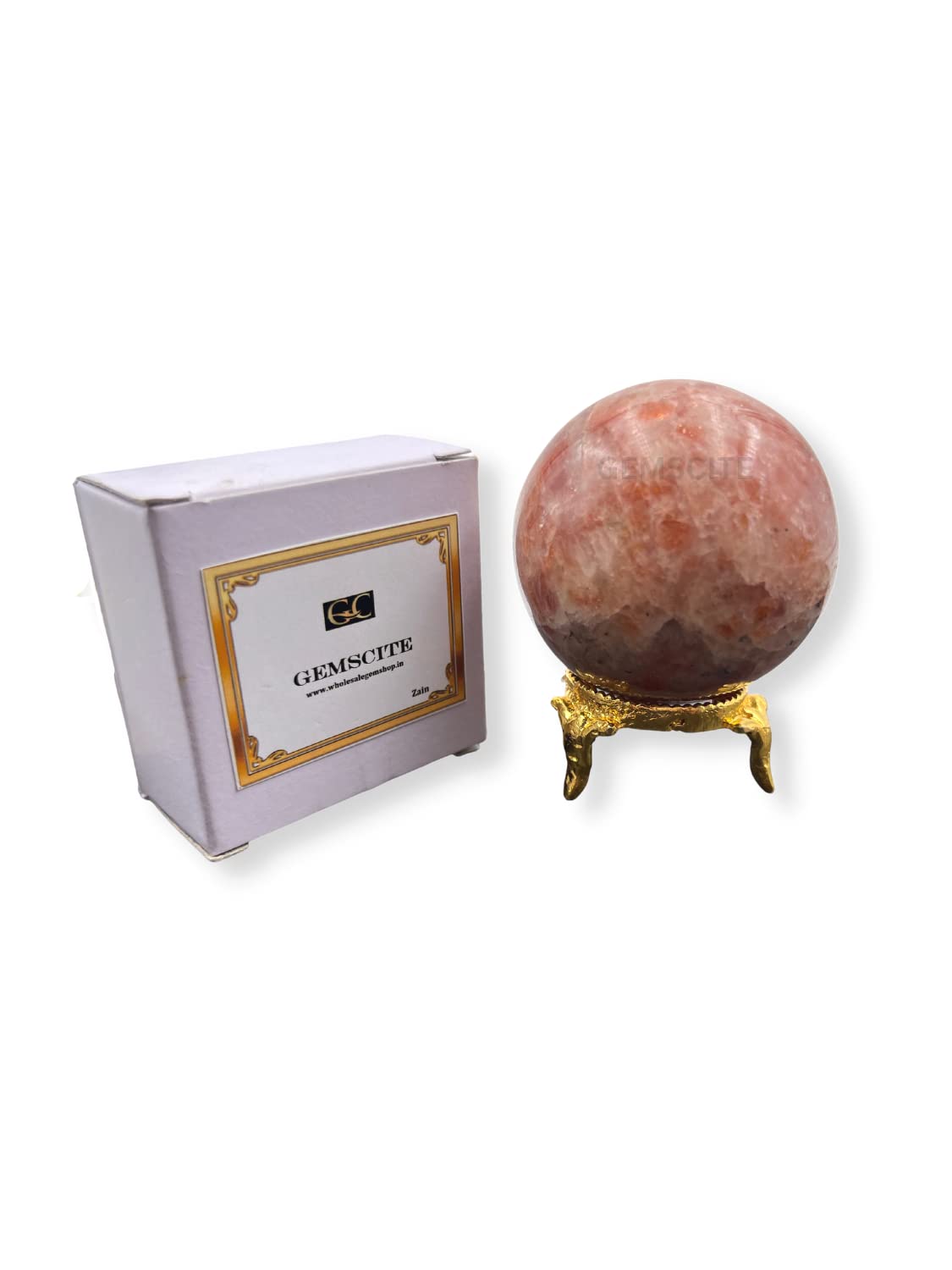 GEMSCITE Natural Sunstone 50-55 mm Gemstone Ball Sphere with Stand Hand Carved Crystal Altar Healing Devotional Focus Spiritual Chakra Cleansing Metaphysical Gift for Men Women from India
