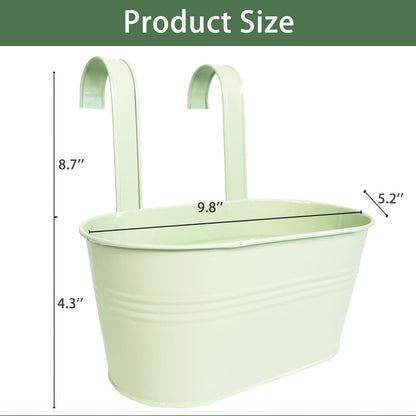Joyfernal Balcony Hanging Planters Flower Pots, 10" Metal Flower Pots for Outdoor Balcony Rails, Fence Pot Hanging Plant Holders with Detachable Hooks for Garden Patio Yard Decor (Mint Green, 2Pcs)