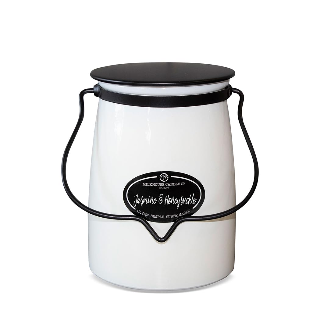 Milkhouse Candle Company Jasmine & Honeysuckle Soy Candles - Honeysuckle | White Jasmine | Citron & Greens Scented - 22 oz Butter Jar with Lid, 120+ Hour Burn Time, Made in the USA