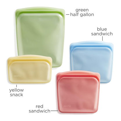 Stasher Premium Silicone Reusable Food Storage Bags, 4-Pack, Clear, Multi-Use Food Storage Bags, Lunch Bag, Travel Containers, BPA Free, Leak-free, Dishwasher-Safe, Eco-friendly