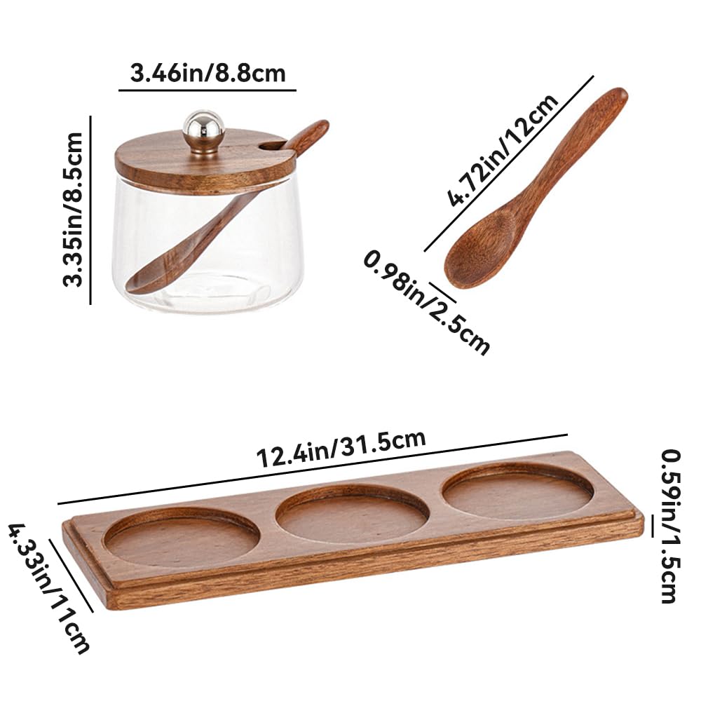 Condiment Containers Set with Acacia Wood Lids and Tray Seasoning Box Condiment Pots Jars with Spoons for Spice Salt Sugar Cruet (Silver Top, 3 Jars with Tray)