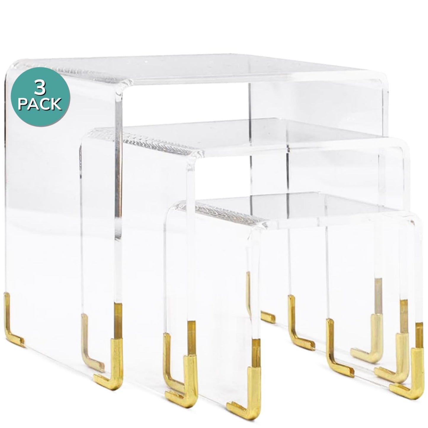 pbf Acrylic Display Risers w/ Gold Accents | 3 Tier Perfume Stand Organizer | Clear Acrylic Shelf Riser | Layered, Tiered Acrylic Display Stands for Collectibles, Fragrance Holder, Skincare Stand