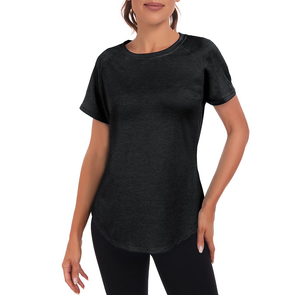 Jlowesun Women's Long Yoga Gym Tops, Sprots Running Exercise T-Shirt Short Sleeve Back Mesh Workout Loose Fit Summer Quick Dry Fitness Activewear Athletic Tee for Ladies