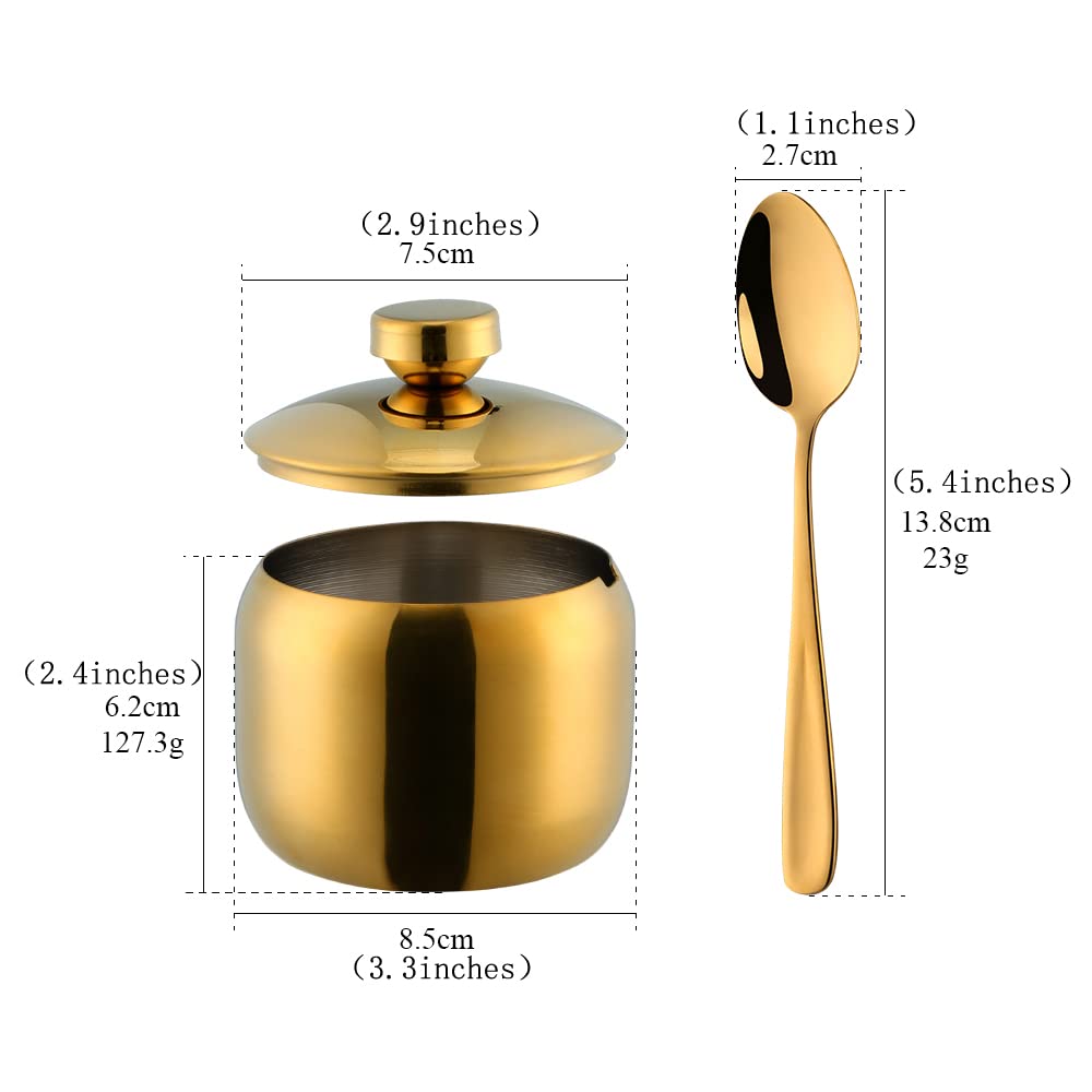 TUPMFG 3-Piece Seasoning Box with Spoon and Lid 304 Stainless Steel Condiment Canisters Pots Seasoning Jars for Spice Salt Sugar-Gold