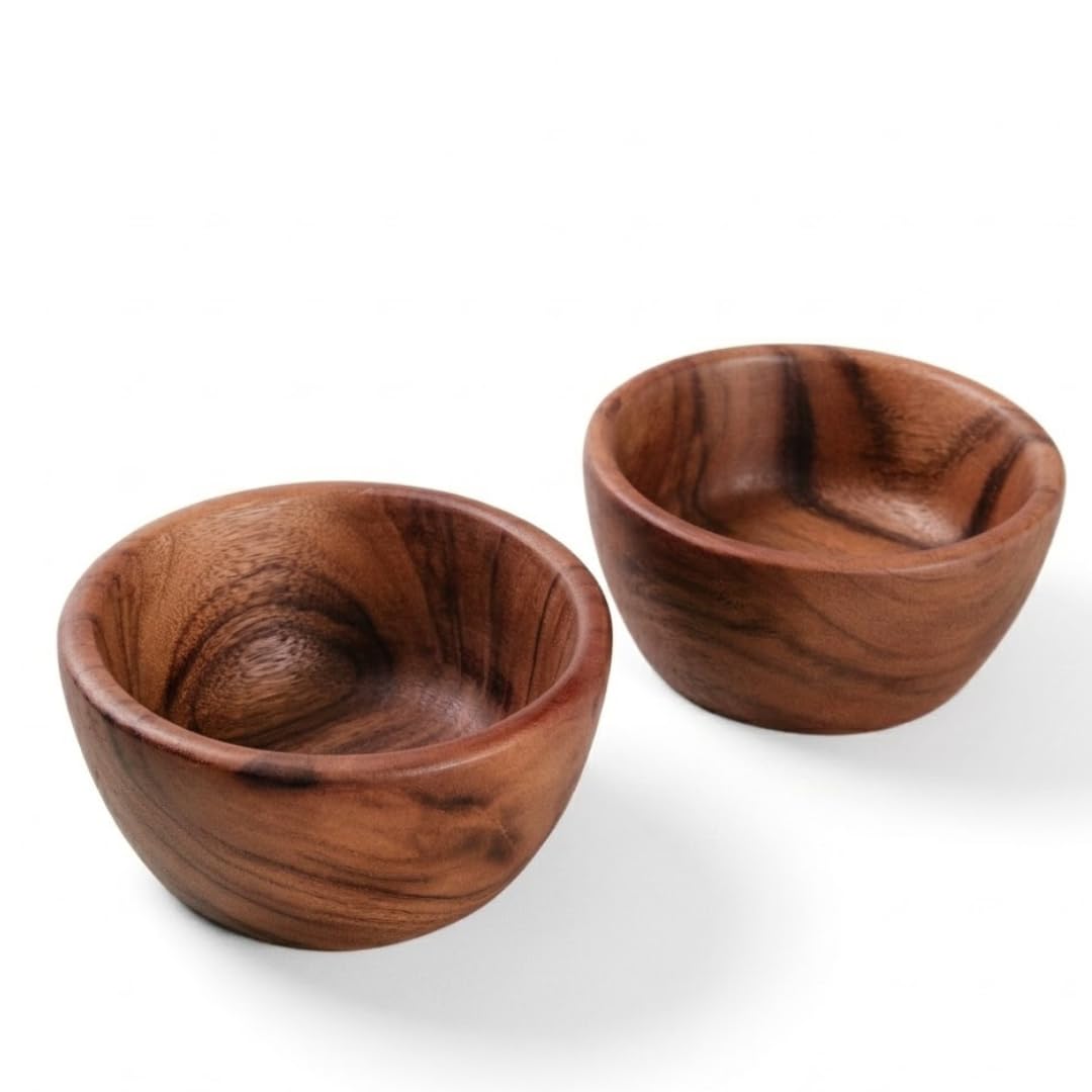 Acacia Wooden Salad Bowls (Set of 2): 6" x 3" Individual Wood Serving Bowls for Fruits, Cereal, Salads or Snacks - Handmade from a Single Organic Piece of Acacia Wood, Food Safe