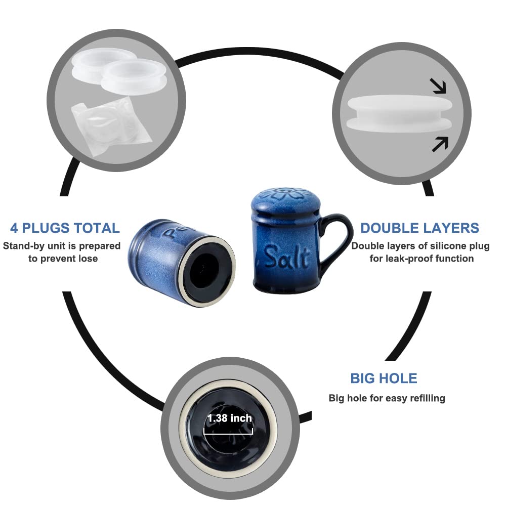 Nihow Ceramic Salt and Pepper Shakers Set & Spoon Rest: Heat Resistant Spoon Rest - Resist Rusting Seasoning Shaker with Handle for Counter - Elegant Black & Blue