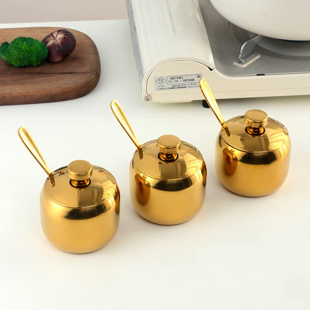 TUPMFG 3-Piece Seasoning Box with Spoon and Lid 304 Stainless Steel Condiment Canisters Pots Seasoning Jars for Spice Salt Sugar-Gold