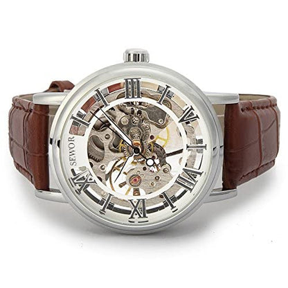 SEWOR Men's Mechanical Skeleton Transparent Vintage Style Leather Wrist Watch (Sliver)