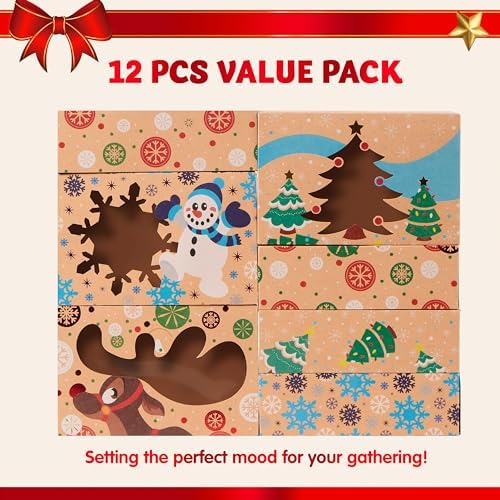 JOYIN 24PCS Christmas Cookie Boxes for Gift Giving, 8.5" x 5.75" x 2.75" Xmas Holiday Treat Cookie Tin with Window, 3 Designs Brown Foiled Kraft Bakery Boxes for Pastries, Cupcakes, Brownies, Doughnut