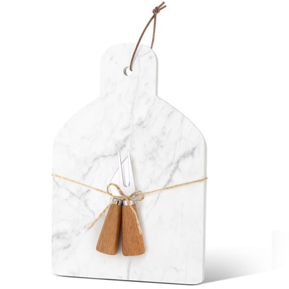 Patelai Marble Cutting Board Set of 3, White Cheese Board Charcuterie Chopping with Knife Fork 12 x 8 x 0.5 in Stone Serving Tray Slab with Handle for Kitchen Pastry Meat Fruit Housewarming Gift