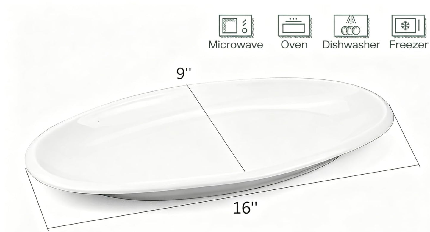 Yesland 2 Pack 16" Porcelain Large Oval Serving Plates, White Oval Serving Platters Dishes for Serving Food, Appetizers, Dessert, Meat, Sushi, Fish, Party