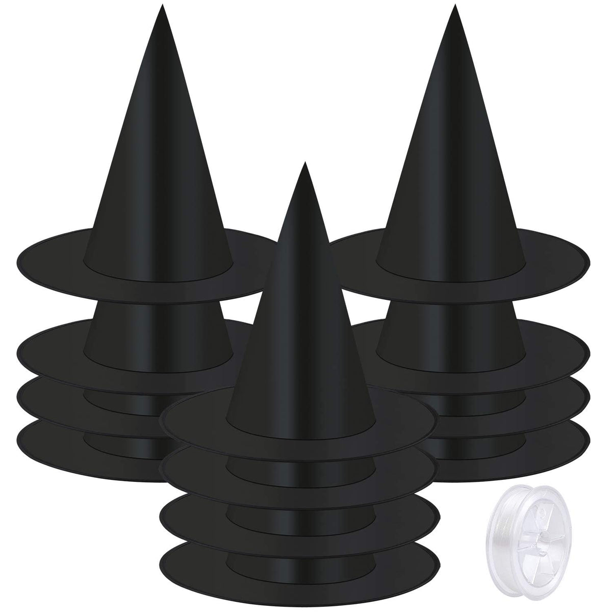 Elcoho 12 Pieces Halloween Costume Witch Hat with 100 Yards Hanging Rope for Halloween Yard Decoration