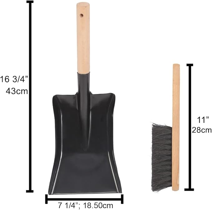 Coal Shovel and Hearth Brush Set Made of Natural Wood and Coco Bristles